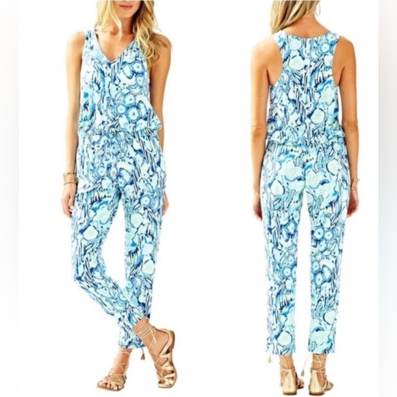LILLY PULITZER Small Paulina Jumpsuit Sunset Swim Blue Green Tank Cropped Slim - Picture 2 of 15
